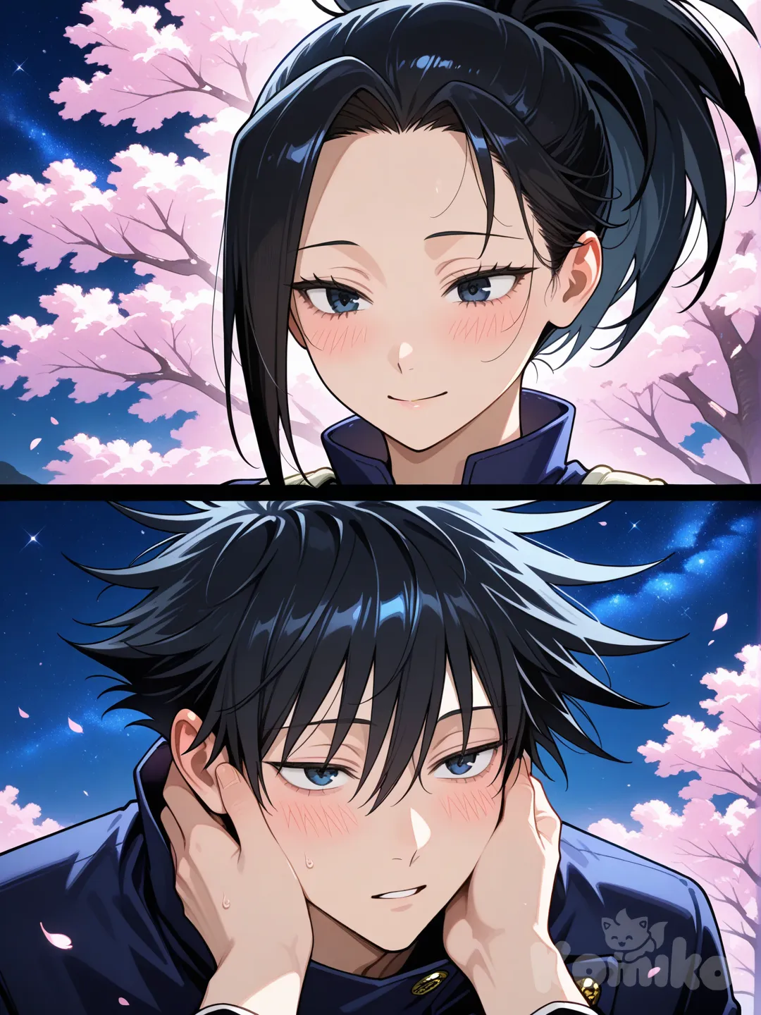 @Yaoyorozu_Momo, con ojos alargados y expresivos, piel clara y luminosa, cabello negro mate recogido en una coleta alta y puntiaguda, y un mechón liso y afilado cayendo sobre su frente del lado derecho, se encuentra en una escena romántica con @Fushiguro_Megumi, un joven delgado de cabello negro con puntas despeinadas y ojos azul oscuro intenso, ambos vistiendo los característicos uniformes de jujutsu kaisen; él, más alto que ella escenas romaticas