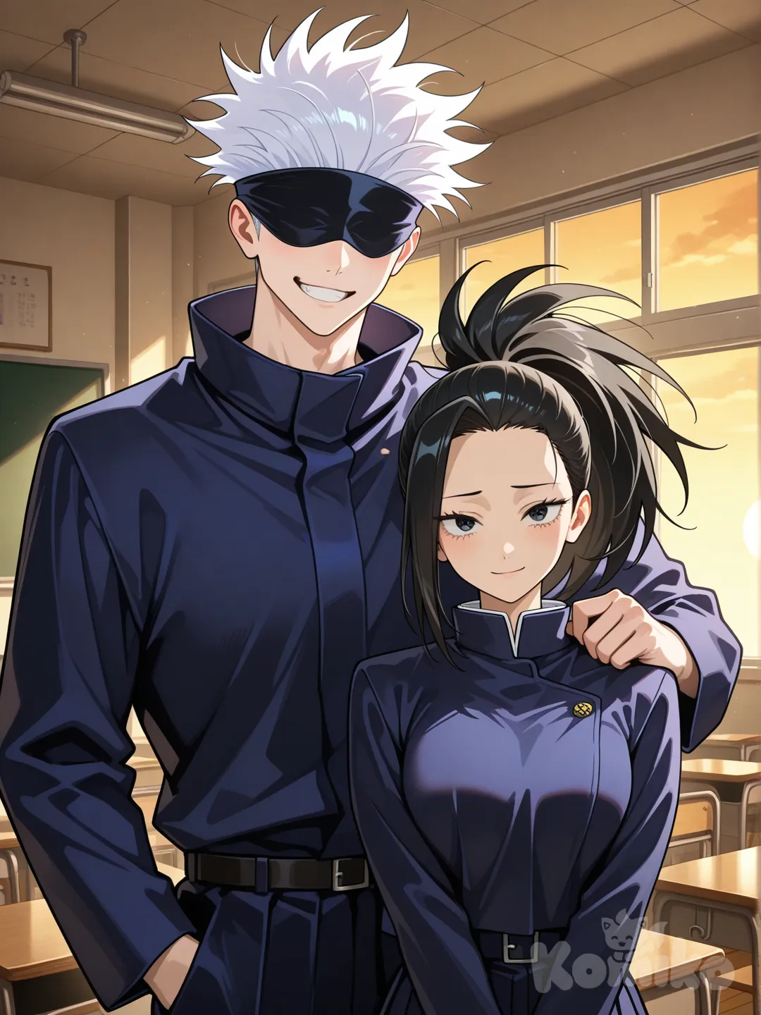 @Yaoyorozu_Momo, con ojos alargados y expresivos rebosantes de vulnerabilidad que reflejan la luz suave del atardecer escolar, piel clara y luminosa que irradia un brillo delicado bajo la iluminación tenue, cabello negro mate recogido en una coleta alta y puntiaguda con un mechón liso y afilado cayendo elegantemente sobre su frente del lado derecho, vestida con el uniforme característico de Jujutsu Kaisen; @Gojou_Satoru, un hombre imponente de 1.90 m con cabello blanco despeinado hacia arriba y ojos azul claro ocultos tras una venda negra escena profe e alumna. Ambos a frente de uno a otro mientra que el tiene una sonrisa burlona