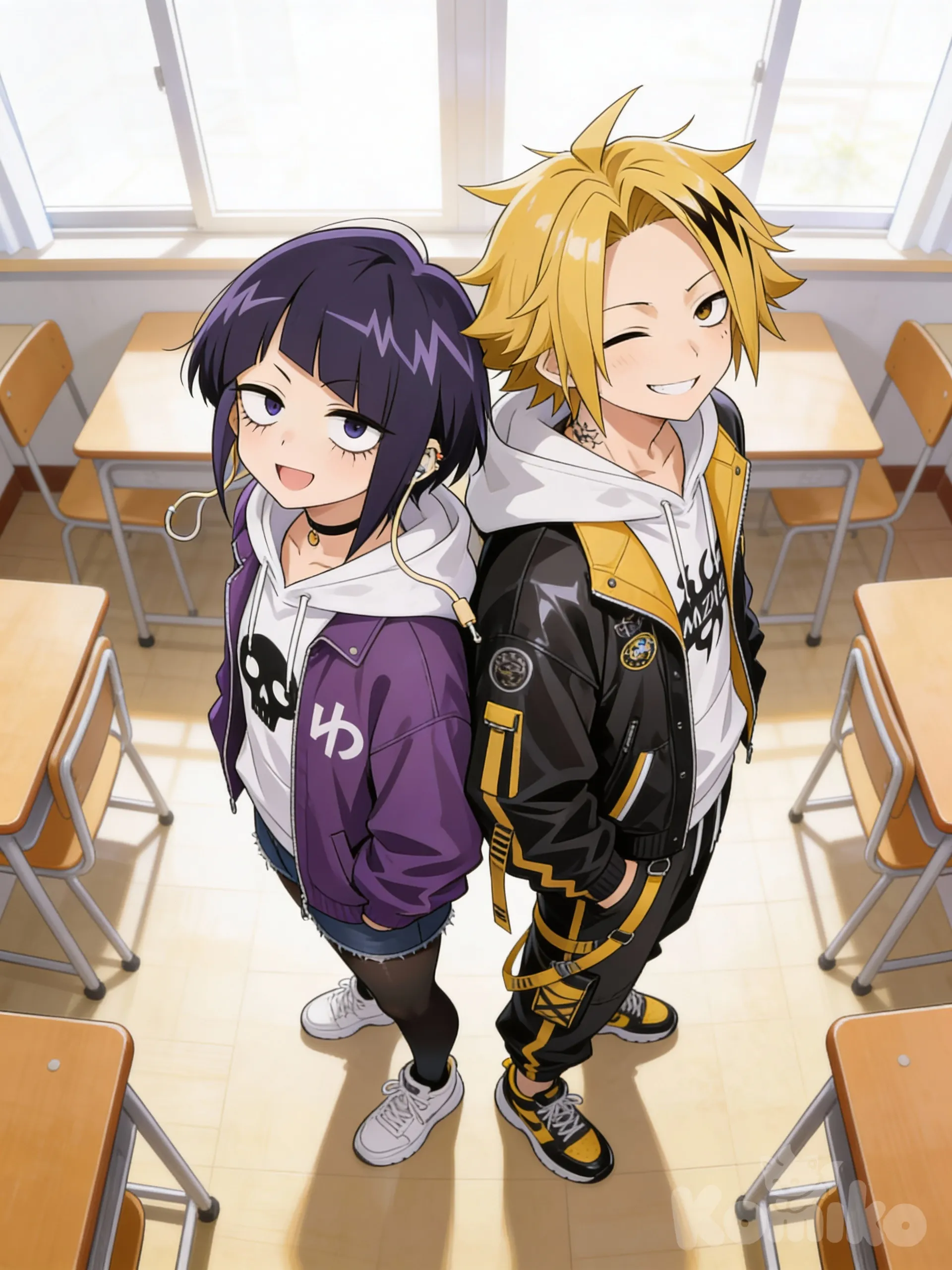 @Jirou_Kyouka, @Kaminari_Denki, smile, smirk, 2people, back to back, from above, classroom
