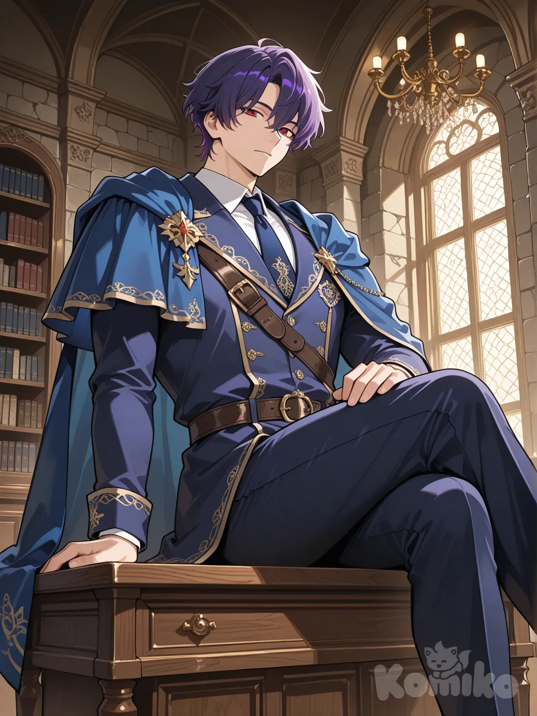 Anime Male, He has purple hair, red eyes, wearing a magic school uniform and a blue shoulder coat. He is sitting in a luxurious classroom, medieval style. He’s tall man.