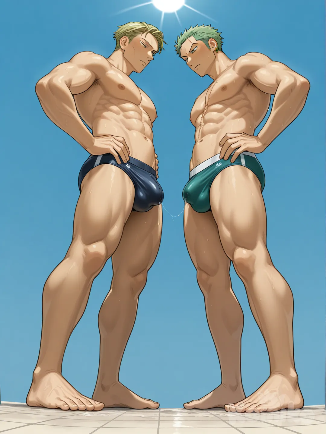 bulge, leaking precum in spedoo, Nanami Kento, Roronoa Zoro, 2people, gathering together, from below, full body, [realistic-furry-style]