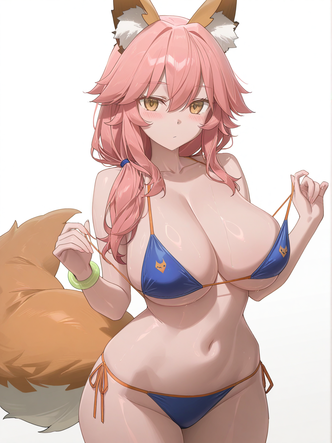 tamamo no mae (swimsuit lancer) (fate), free style (yohan1754) art style, large breasts, wide hips, bikini visible, cleavage visible, white background, bare shoulders, no headwear, no inner tube, untying bikini top