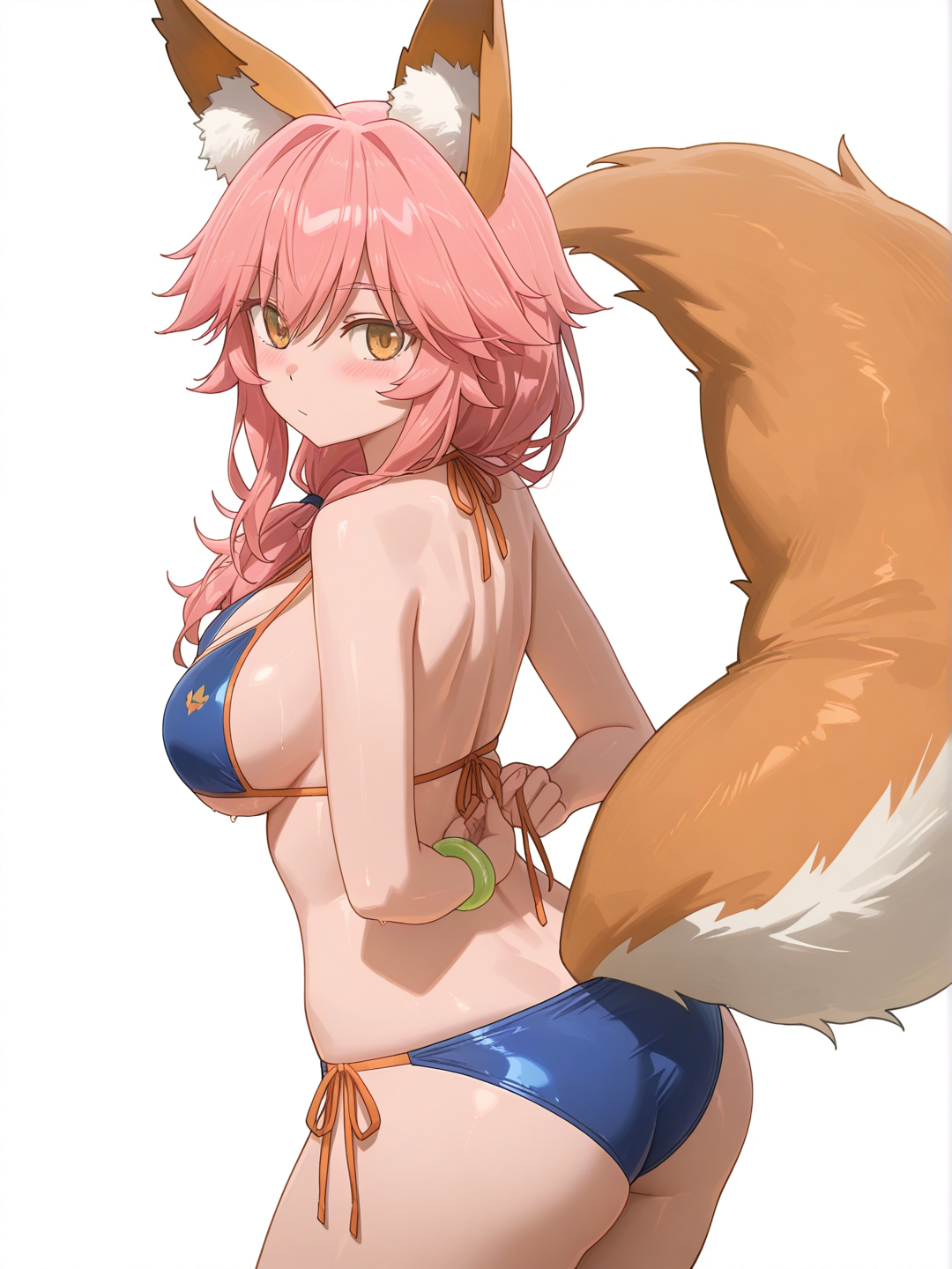 tamamo no mae (swimsuit lancer) (fate), free style (yohan1754) art style, large breasts, wide hips, bikini visible, cleavage visible, white background, bare shoulders, no headwear, no inner tube, tail visible, hands untying bikini top from behind, bikini top falling off
