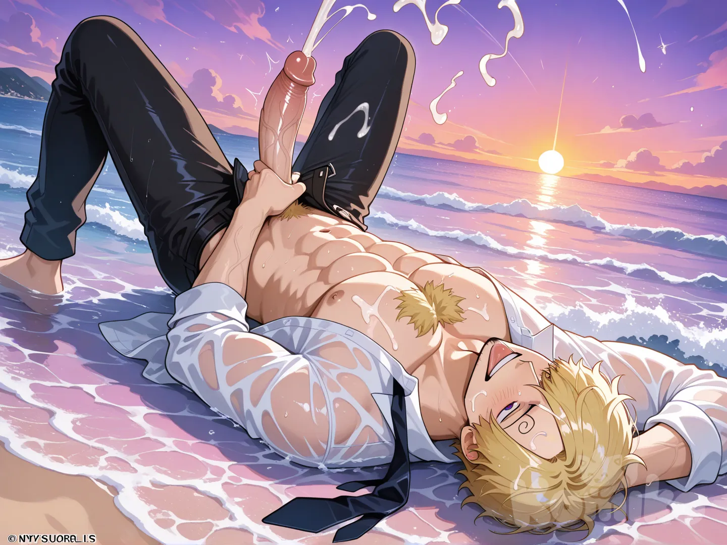 +18, Vinsmoke Sanji, 23 ans, allongé sur le dos au milieu des vagues peu profondes (eau jusqu’à la taille), coucher de soleil orange-rose-violet explosif, sable mouillé sous lui, cheveux blonds trempés collés au front, chemise blanche grande ouverte trempée transparente collée au torse musclé, cravate noire lâche flottant dans l’eau, pantalon noir déboutonné et ouvert, jambes écartées dans l’eau.

Gros plan + plan large : bite monstrueuse 30 cm en full érection dressée hors de l’eau, veines gonflées, précum qui coule abondamment, en train d’éjaculer en longs jets puissants et épais qui retombent sur son torse, son visage et dans l’eau autour de lui, sperme blanc crémeux qui flotte à la surface des vagues.

Expression : yeux mi-clos de plaisir intense, langue sortie, cigarette encore au bec (éteinte et trempée), sourire pervers et satisfait, une main derrière la tête, l’autre tenant doucement la base de sa bite comme pour mieux viser les jets.

Détails : chemise blanche devenue totalement transparente sur torse musclé et poils blonds, cravate noire flottant, eau de mer qui clapote autour de lui, reflets du coucher de soleil sur la bite, le sperme et l’eau.

Style : ultra-réaliste + anime détaillé One Piece officiel (Eiichiro Oda), couleurs saturées orange/rouge/violet/bleu, focus extrême sur la bite 30 cm, les jets de sperme épais, la chemise trempée transparente, reflets coucher de soleil sur peau mouillée et fluides.