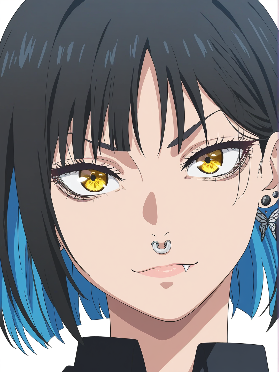 [bright-anime-style] 1girl, solo, medium_hair, two-tone_hair, blue_hair, black_hair, golden_eyes, long_eyelashes, fang, nose_piercing, multiple_ear_piercings, black_earrings, stud_earrings, butterfly_earrings, jujutsu_tech_uniform, single_character, full_body, looking_at_viewer, anime_style, simple_background, white_background