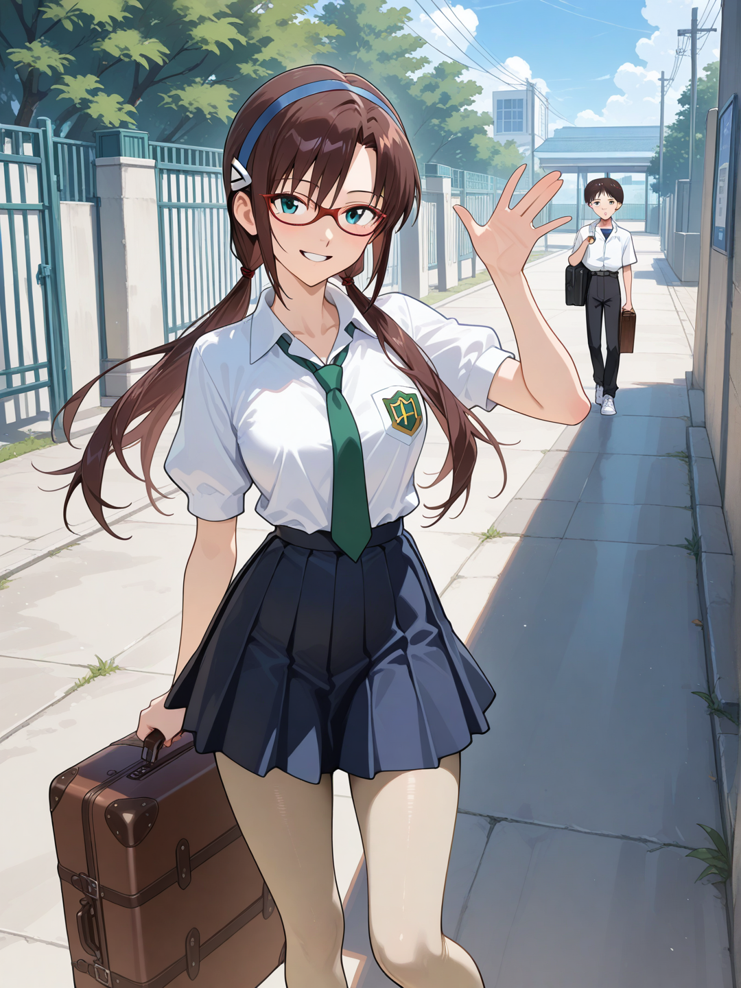 Ikari Shinji, Makinami Mari Illustrious,boy站在大学学校门口,boy手里提着一个破旧的行李,girl穿着白色衬衫和深蓝色短裙,girl腿上穿着一条米色连裤袜,gilr在向boy招手,