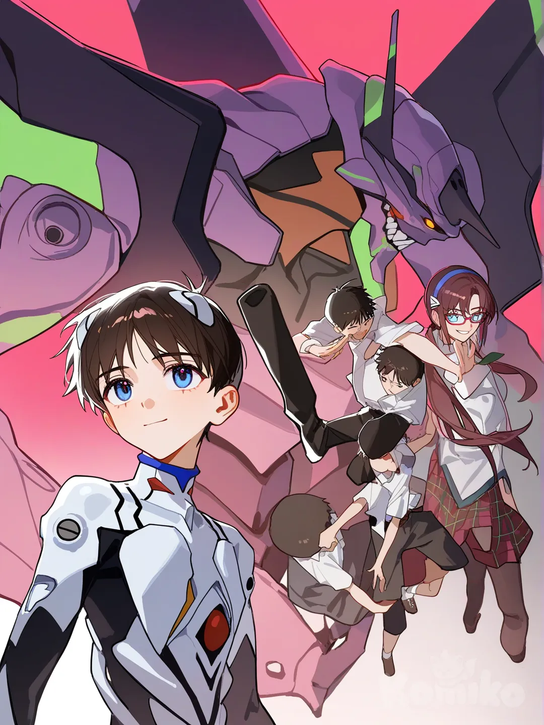 @Makinami_Mari_Illustrious, @Ikari_Shinji，, @Eva_01, [lacquered-illustration-style]