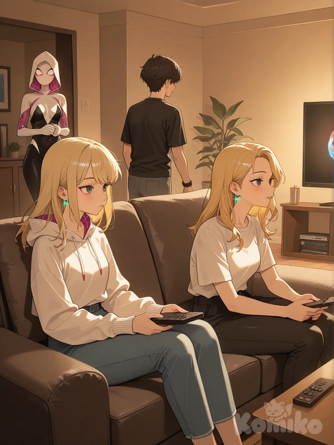 @Gwen_Stacy, @Spider-Man_(2099), @Spider-Gwen，在看电视