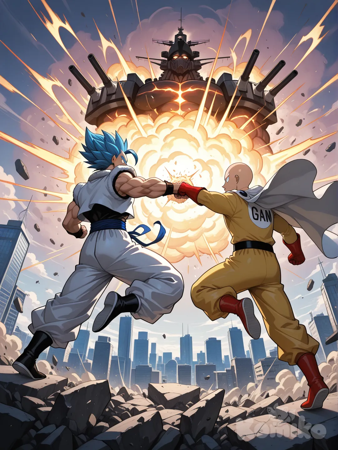 @Saitama_(One-Punch_Man), @Gogeta，摩天楼外，空中战舰，在打架