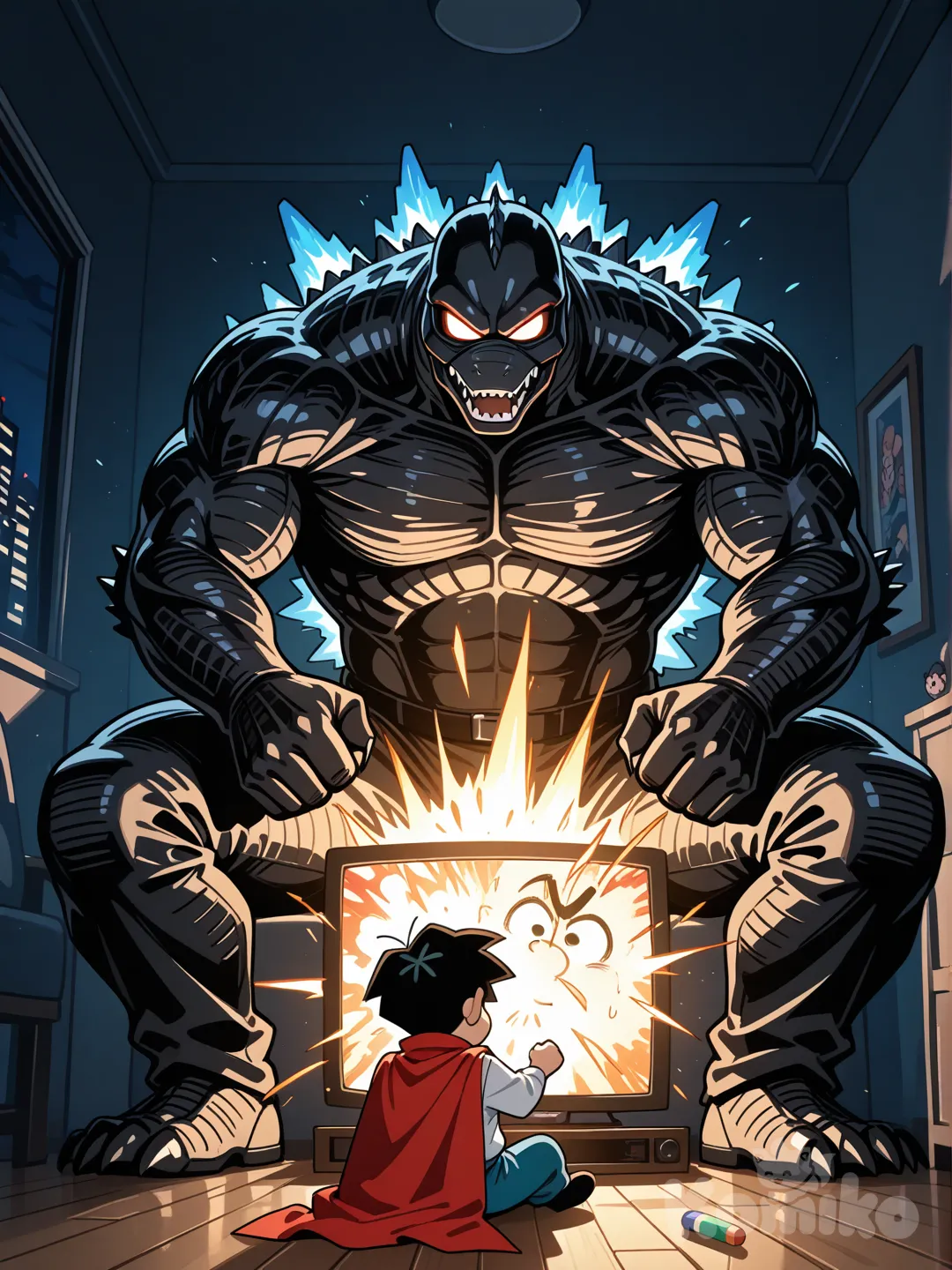 哥斯拉大战动感超人,蜡笔小新在看电视