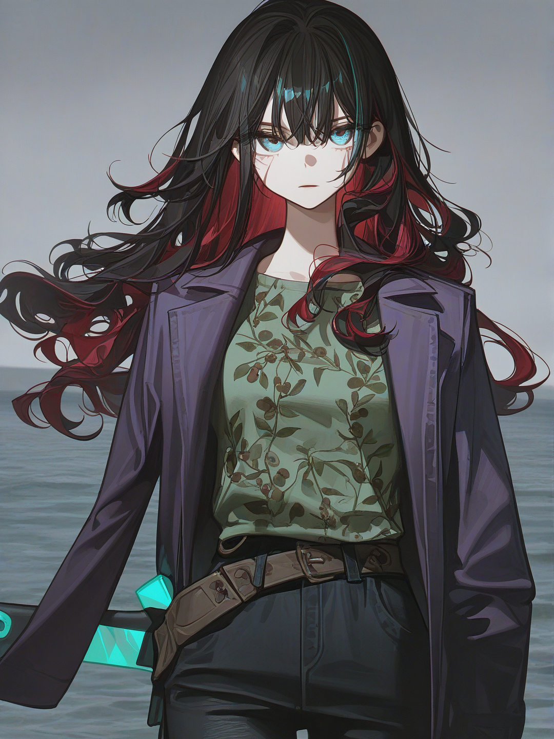 [high-contrast-glossy-style], 1girl, a 13 and half year old girl with sea blue eyes wavy black hair ( waist height and curly at ends ) with some red and blue in them also she is wearing black jeans olive green shirt with withered flowers on them with a jacket which is dark purple she has a teal sword on her waist, teenager, tall, scrawny, slim, scar on the face running from the right eye to the left jaw