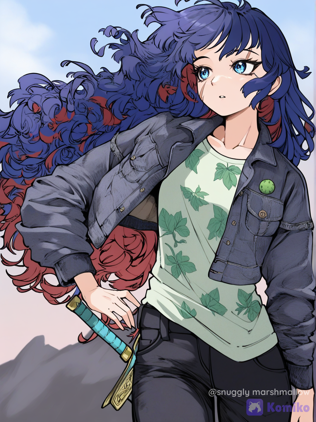 [dark-lolita-style], a 13 and half year old girl with sea blue eyes wavy black hair ( waist height and curly at ends ) with some red and blue in them also she is wearing black jeans olive green shirt with withered flowers on them with a jacket which is dark purple she has a teal sword on her waist, teenager, tall, scrawny, slim, scar on the face running from the right eye to the left jaw