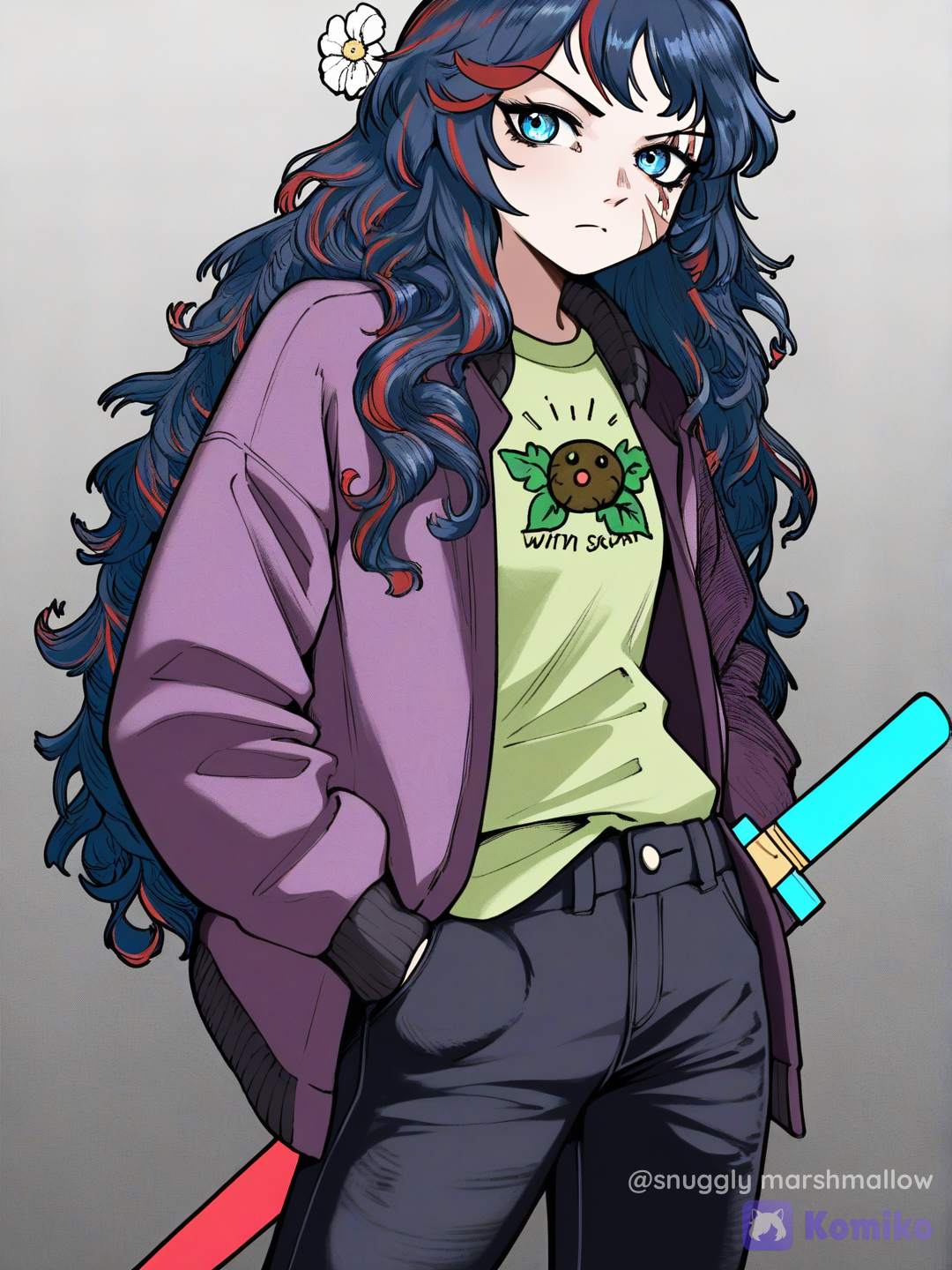 [dark-lolita-style], a 13 and half year old girl with sea blue eyes wavy black hair ( waist height and curly at ends ) with some red and blue in them also she is wearing black jeans olive green shirt with withered flowers on them with a jacket which is dark purple she has a teal sword on her waist, teenager, tall, scrawny, slim, scar on the face running from the right eye to the left jaw