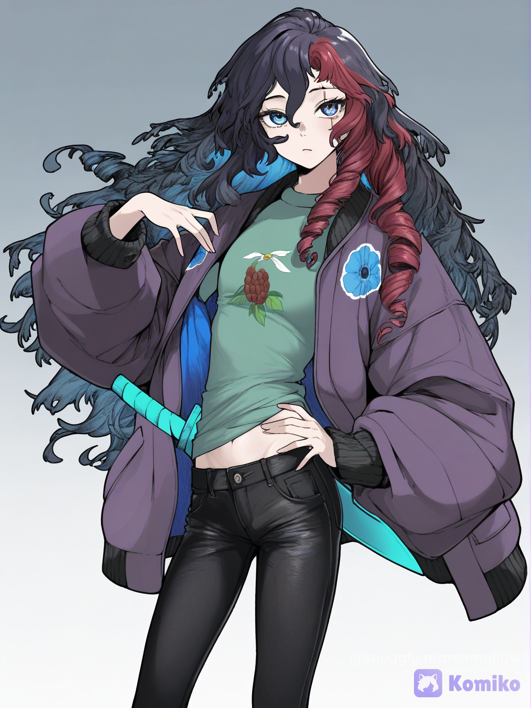 [dark-lolita-style], a 13 and half year old girl with sea blue eyes wavy black hair ( waist height and curly at ends ) with some red and blue in them also she is wearing black jeans olive green shirt with withered flowers on them with a jacket which is dark purple she has a teal sword on her waist, teenager, tall, scrawny, slim, scar on the face running from the right eye to the left jaw