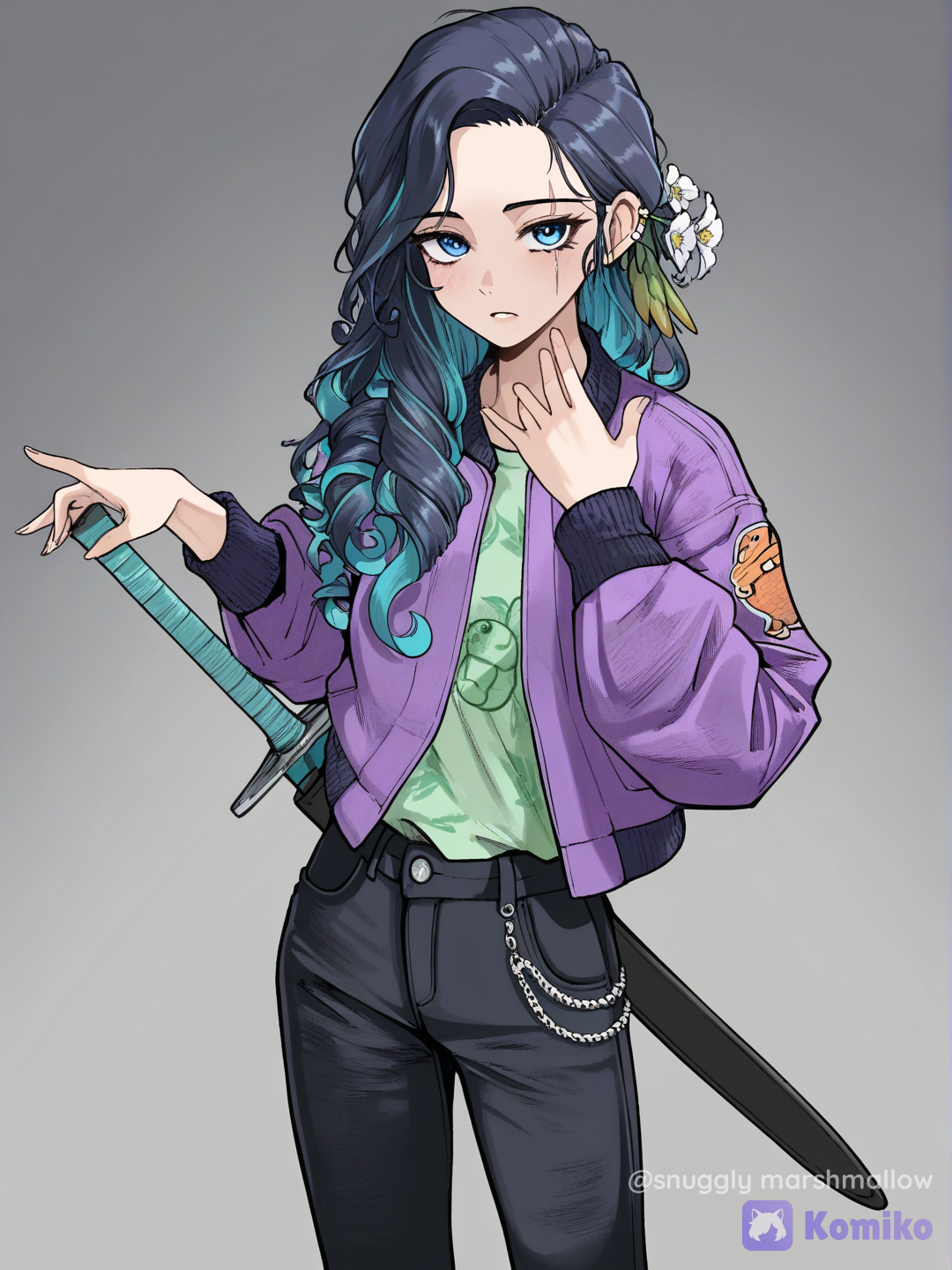 [dark-lolita-style], a 13 and half year old girl with sea blue eyes wavy black hair ( waist height and curly at ends ) with some red and blue in them also she is wearing black jeans olive green shirt with withered flowers on them with a jacket which is dark purple she has a teal sword on her waist, teenager, tall, scrawny, slim, scar on the face running from the right eye to the left jaw