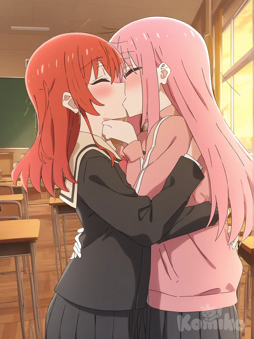 2girls, bocchi the rock!, gotoh hitori, kita ikuyo, [bright-anime-style], kissing, hugging, classroom