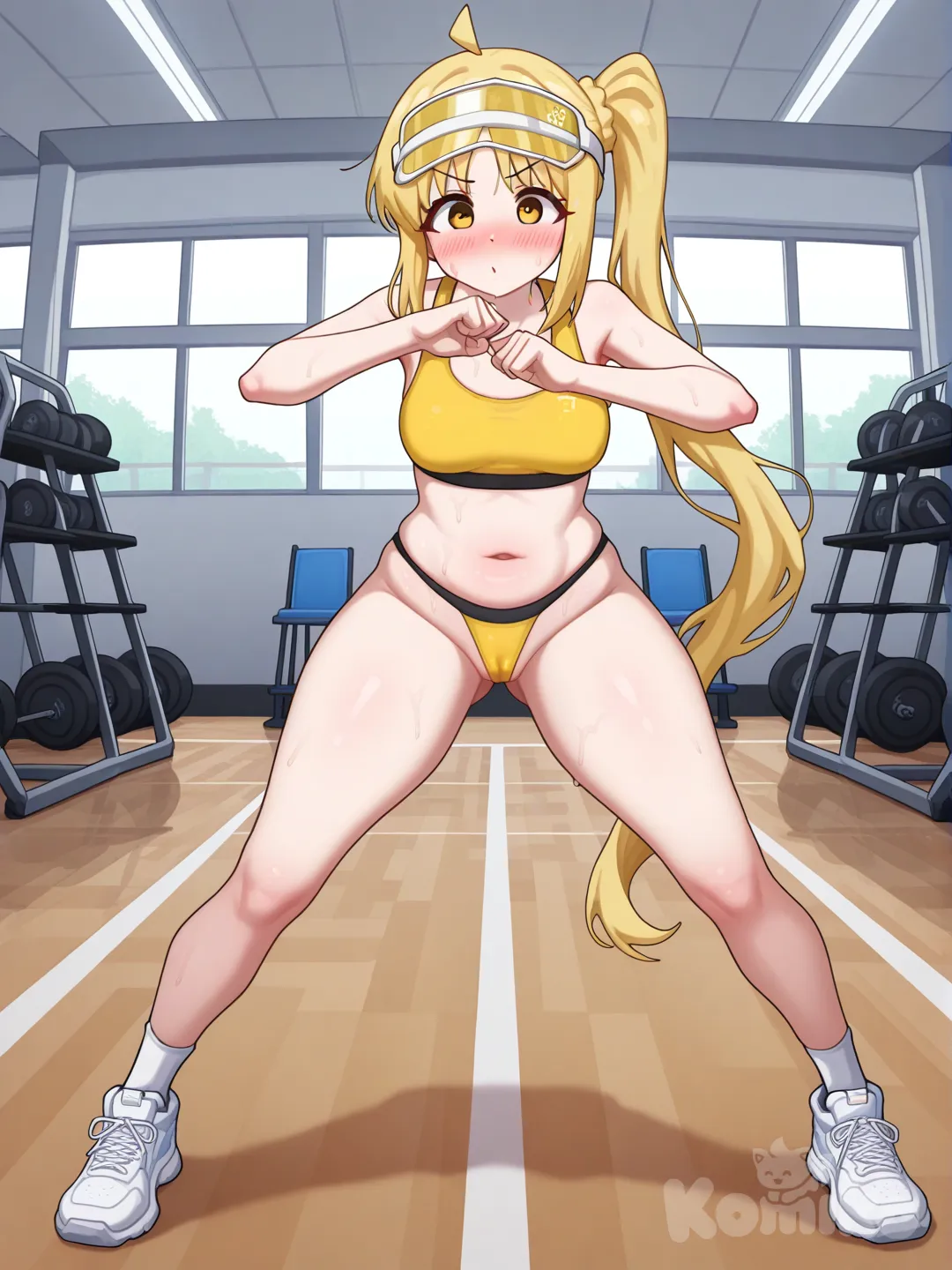 @Ijichi_Nijika, yellow tong, yellow sports bra, yellow sports visor, day, gym, full body, HD, by poper