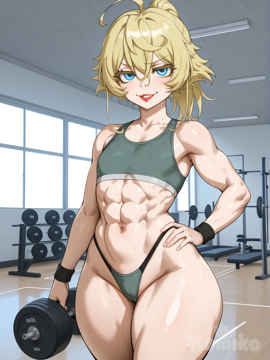 Deportive bra, deportive tong, loli, huge hips, red lips, gym, day, looking at viewer, seductive smile, by kunaboto, muscular female, tanya degurechaff