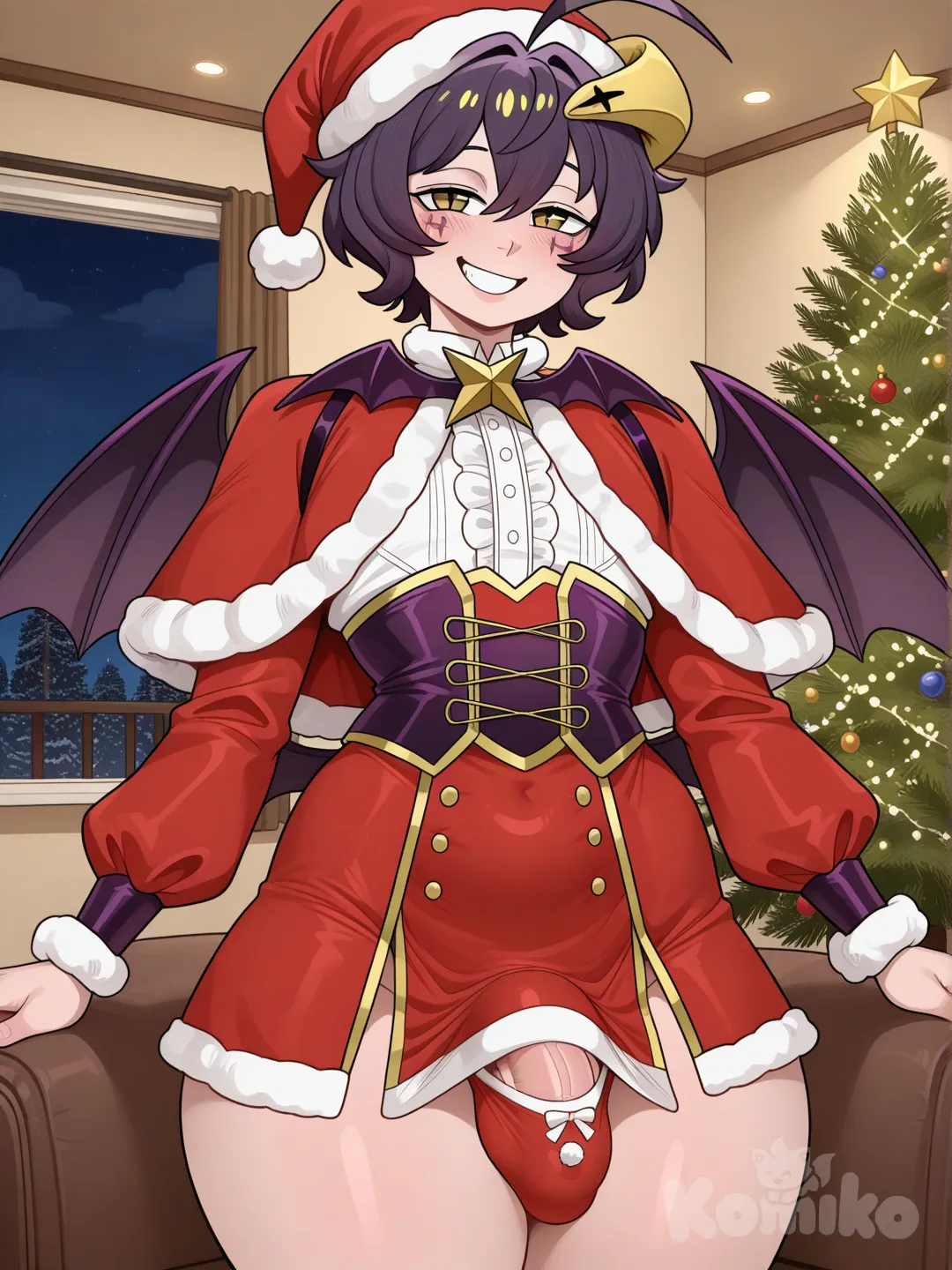 Magia baiser genderswap (ftm), christmas, christmas clothes, greeting at viewer, night, livingroom, christmas tree, by detnox, penis under clothes, penis peek
