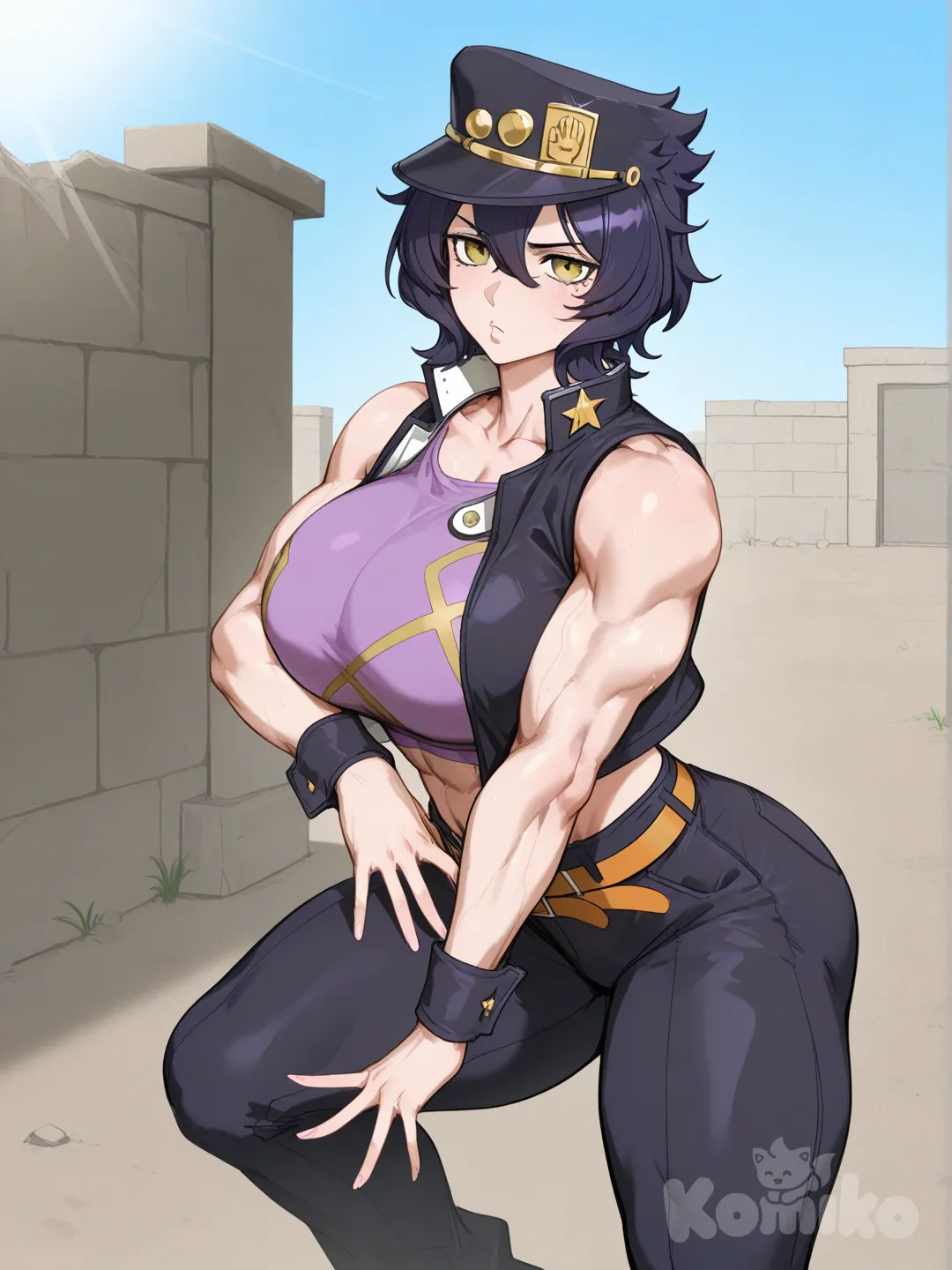 hiiragi utena, day, by kunaboto, muscular female, jojo pose, kujo jotaro cosplay