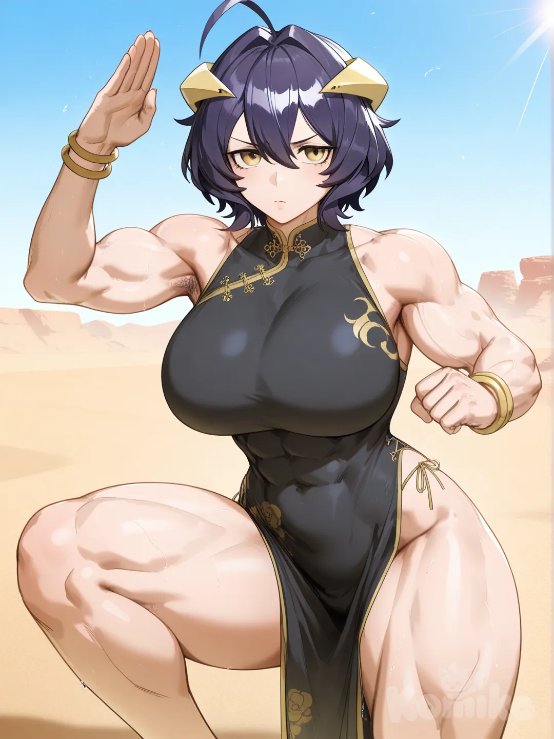 hiiragi utena, desert, day, by kunaboto, muscular female, china dress, fighting stance