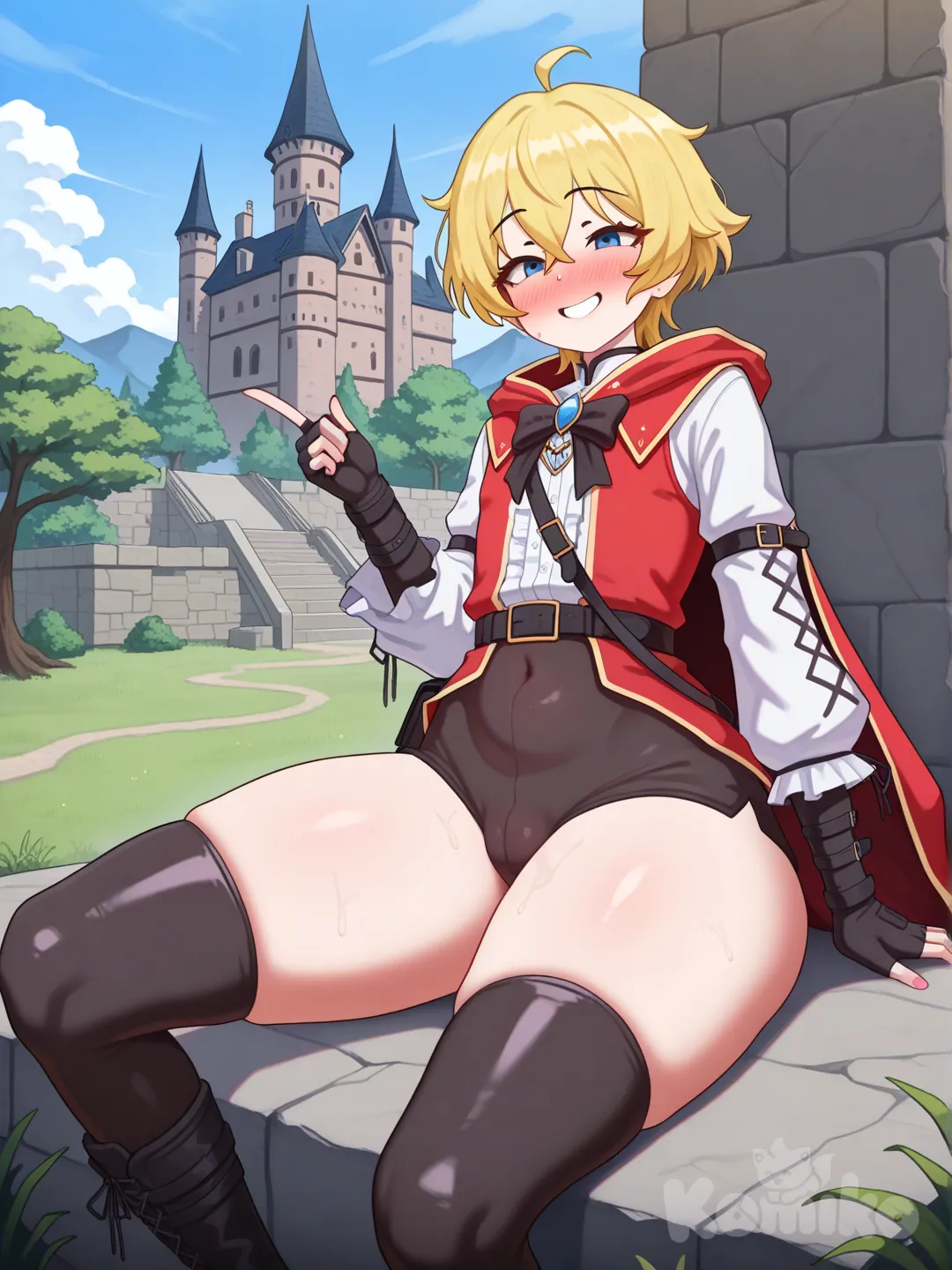 shota, huge thigs, smile, castle, day, by poper, 7th Prince from tensei shitara Dai nana oji