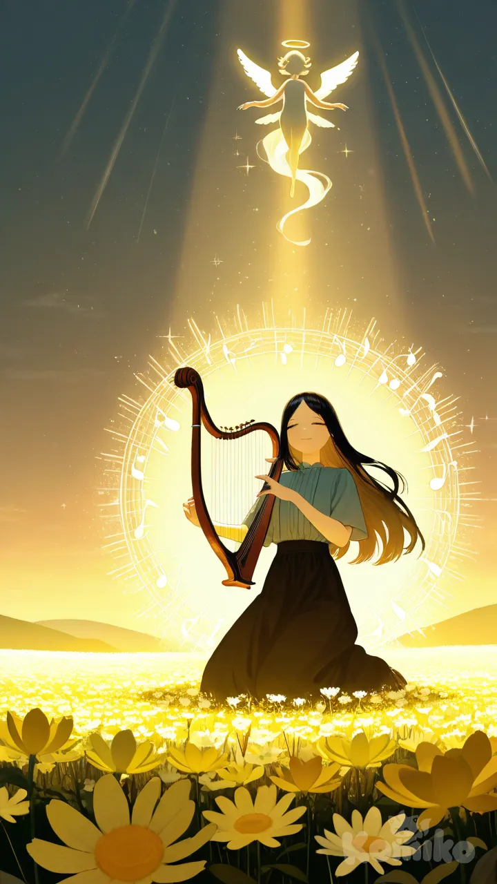 “A kneeling woman playing a harp, serene expression, long flowing hair, surrounded by vibrant flowers and small cherubs floating around her. Soft golden light, ethereal atmosphere, fantasy style, highly magical and elegant composition, black hair, tsukudani (coke-buta), comic shading, vibrant color, high contrast, thick outline, Surrounded by men and women playing musical instruments