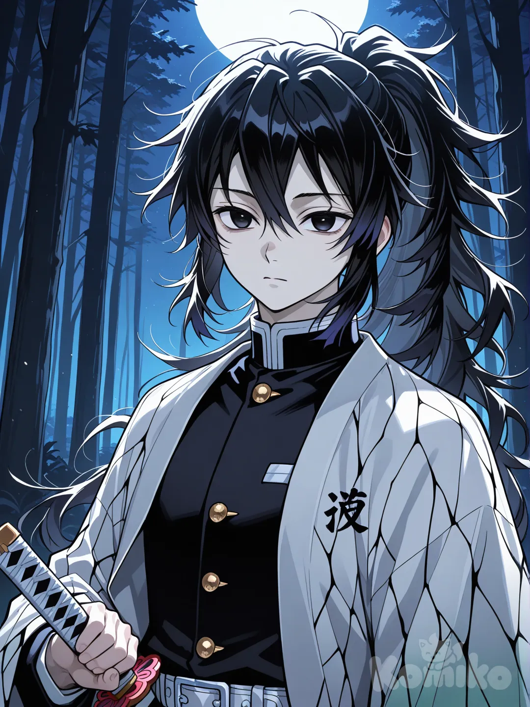 @kira-6Mc8 , holding sword, closeup, night, backlight, forest