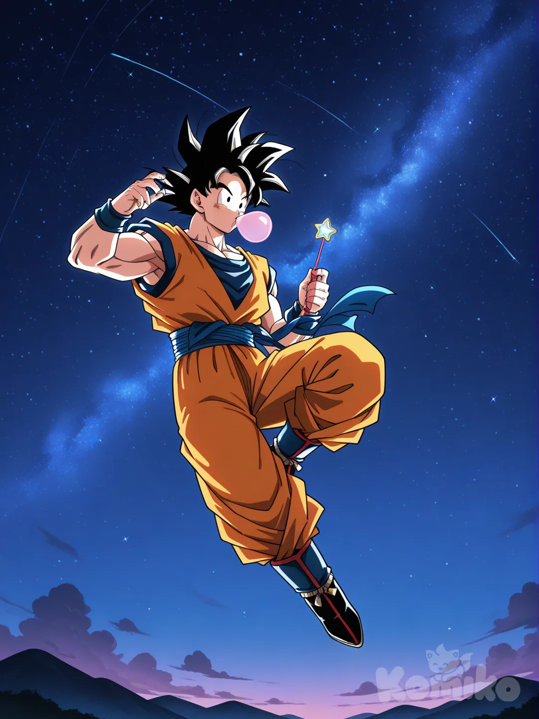 blowing bubbles, son goku, gogeta, night
