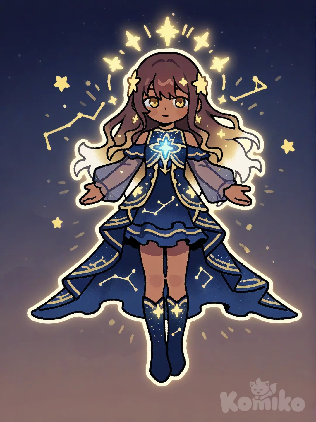 1girl, brown skin, long wavy hair with dark brown and icy white gradient, gentle expression, golden brown eyes, year 2025, celestial magical girl outfit, layered dark blue dress with shimmering constellation patterns and gold accents, glowing star motif at the chest, sheer glittery sleeves, golden trim along the hem, ornate knee-high boots adorned with blue gemstones and celestial engravings, delicate star-shaped earrings, soft radiant glow surrounding her, graceful aura of starlight and calm magic, [thick-outline-style]