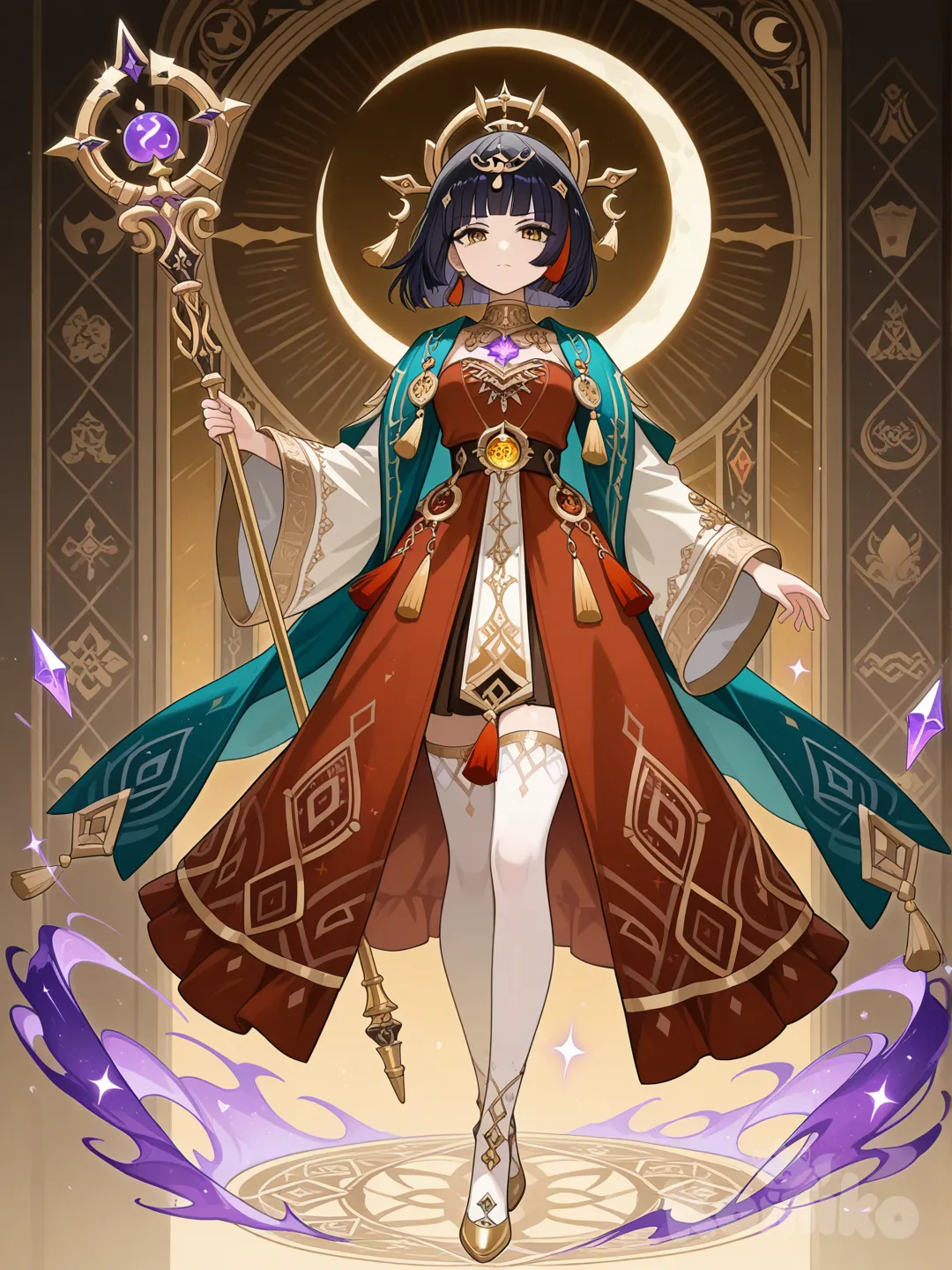 1girl, light skin, short black bob haircut with blunt bangs, golden-brown eyes, calm and composed expression, year 2025, elegant mage outfit inspired by ancient eastern design, teal and red layered robes with gold geometric accents, wide white sleeves, red tassel ornaments hanging from her attire, gold waist ornaments shaped like diamonds, holding an ornate golden staff topped with a purple crystal and crescent horns, delicate gold hairpins with red tassels in her bun, white stockings and gold-trimmed shoes, aura of quiet wisdom and refined magical power, Genshin Impact