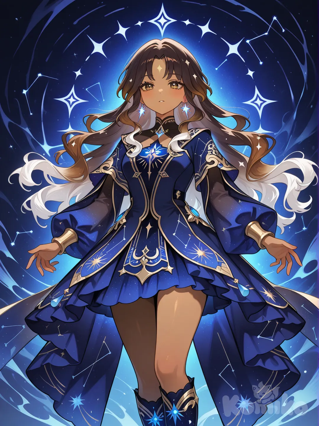 1girl, brown skin, long wavy hair with dark brown and icy white gradient, gentle expression, golden brown eyes, year 2025, celestial magical girl outfit, layered dark blue dress with shimmering constellation patterns and gold accents, glowing star motif at the chest, sheer glittery sleeves, golden trim along the hem, ornate knee-high boots adorned with blue gemstones and celestial engravings, delicate star-shaped earrings, soft radiant glow surrounding her, graceful aura of starlight and calm magic, Genshin Impact