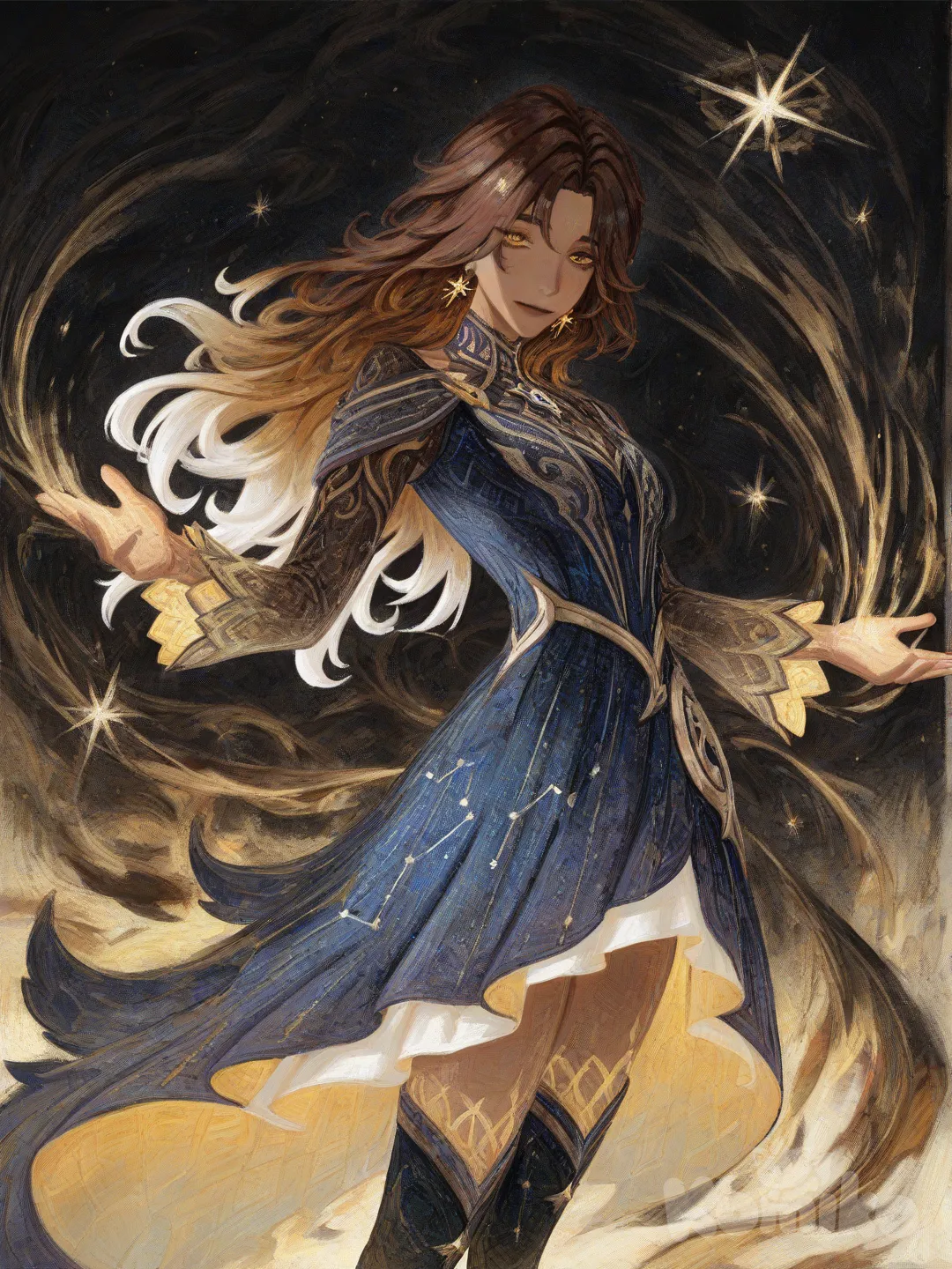 1girl, brown skin, long wavy hair with dark brown and icy white gradient, gentle expression, golden brown eyes, year 2025, celestial magical girl outfit, layered dark blue dress with shimmering constellation patterns and gold accents, glowing star motif at the chest, sheer glittery sleeves, golden trim along the hem, ornate knee-high boots adorned with blue gemstones and celestial engravings, delicate star-shaped earrings, soft radiant glow surrounding her, graceful aura of starlight and calm magic, Genshin Impact, [gothic-oil-painting-style]