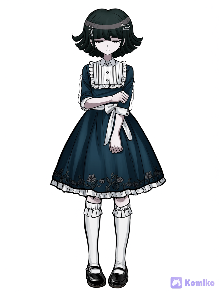 1girl, female, solo, danganronpa style character sprite, visual novel portrait, full body, standing full body, visible feet, visible shoes, thick black outlines, cel shading, flat colors, short wavy black hair, voluminous bob, thick heavy bangs completely covering eyes, silver hair clips, silver hairpins, pale skin, slightly sharp facial features, 18 years old, teenage girl, tired sleepy expression, unamused mouth, apathetic vibe, dark blue dress, front button details, waist sash tied in bow, sheer white three-quarter sleeves with cuffs, floral embroidery on skirt, white knee-high socks with frilly ruffled tops, black patent leather flat mary jane shoes, arms crossed defensively, slouching posture, straight frontal pose, facing directly at viewer, simple white background, anime style.