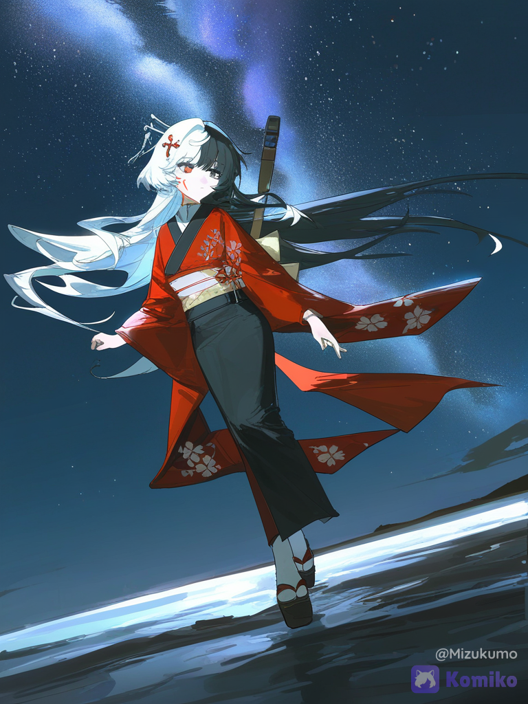 [faded-canvas-style], @mizukumo-Fz6I, dancing, crying, expressionless, hanfu top, full body, looking away, wide shot, night, starry sky