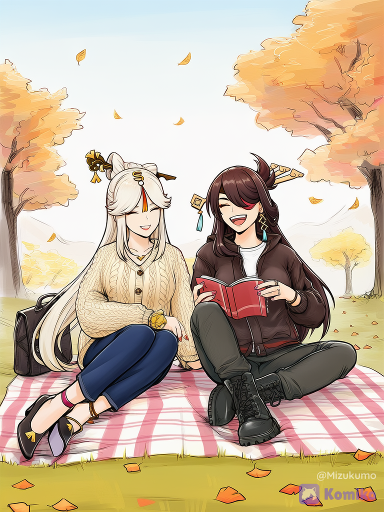 [digital-painterly-style], @Ningguang_(Genshin_Impact), @Beidou_(Genshin_Impact), picnic, laughing, smile, knitted cardigan, capri pants, streetwear outfit, book, hair ribbon, crossbody bag, slip-on shoes, combat boots, full body, day, leaves falling