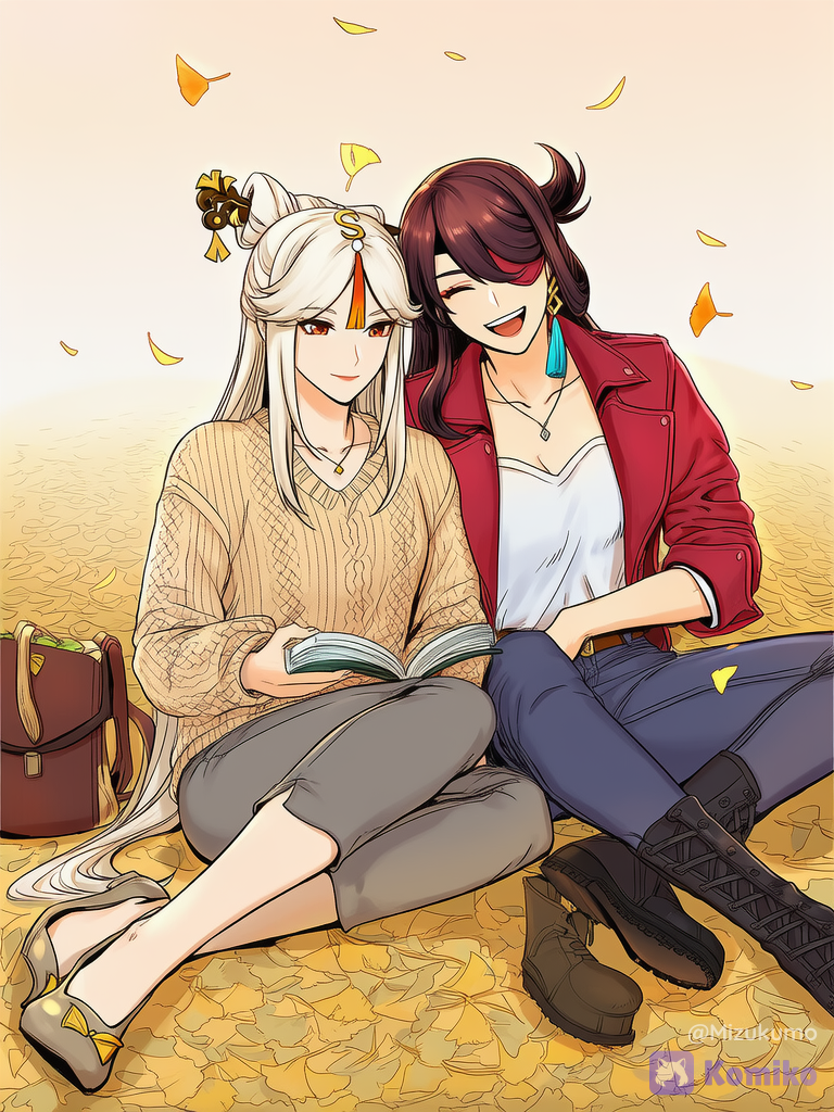 [digital-painterly-style], @Ningguang_(Genshin_Impact), @Beidou_(Genshin_Impact), picnic, laughing, smile, knitted cardigan, capri pants, streetwear outfit, book, hair ribbon, crossbody bag, slip-on shoes, combat boots, full body, day, leaves falling