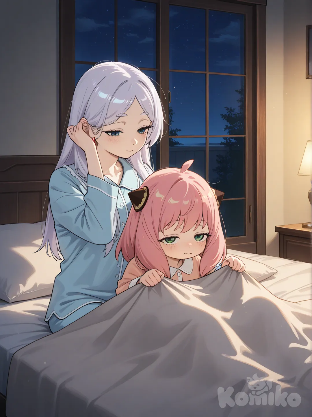 frieren, anya (spy x family), frieren arropando a anya en su cama