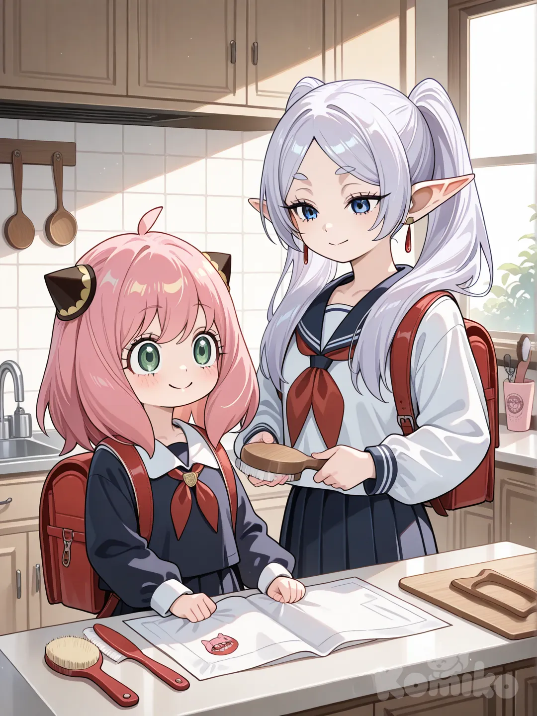 frieren, anya (spy x family), frieren ayudando a anya a prepararse para la escuela