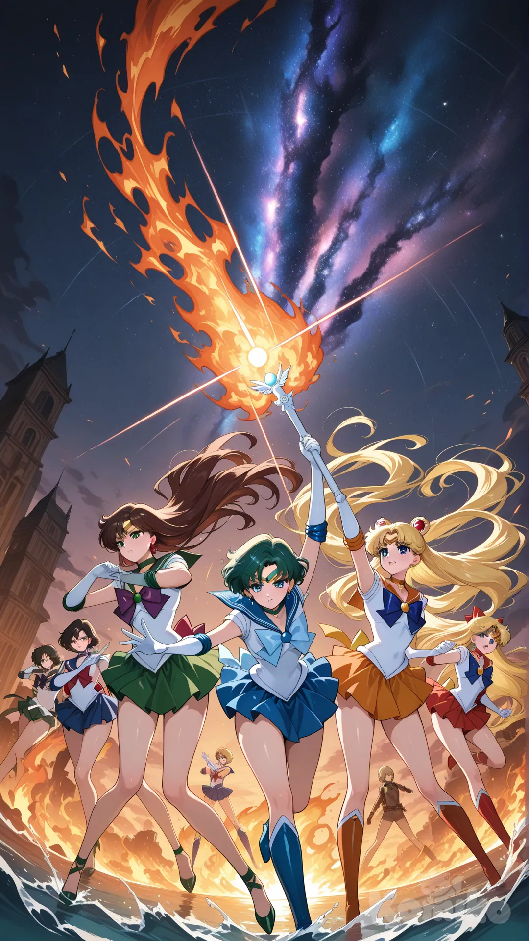 bishoujo senshi sailor moon, sailor venus, sailor mercury, sailor moon, sailor mars, sailor jupiter, galaxy, water, fire, light rays, 5 girls, incoming attack, resident evil 4