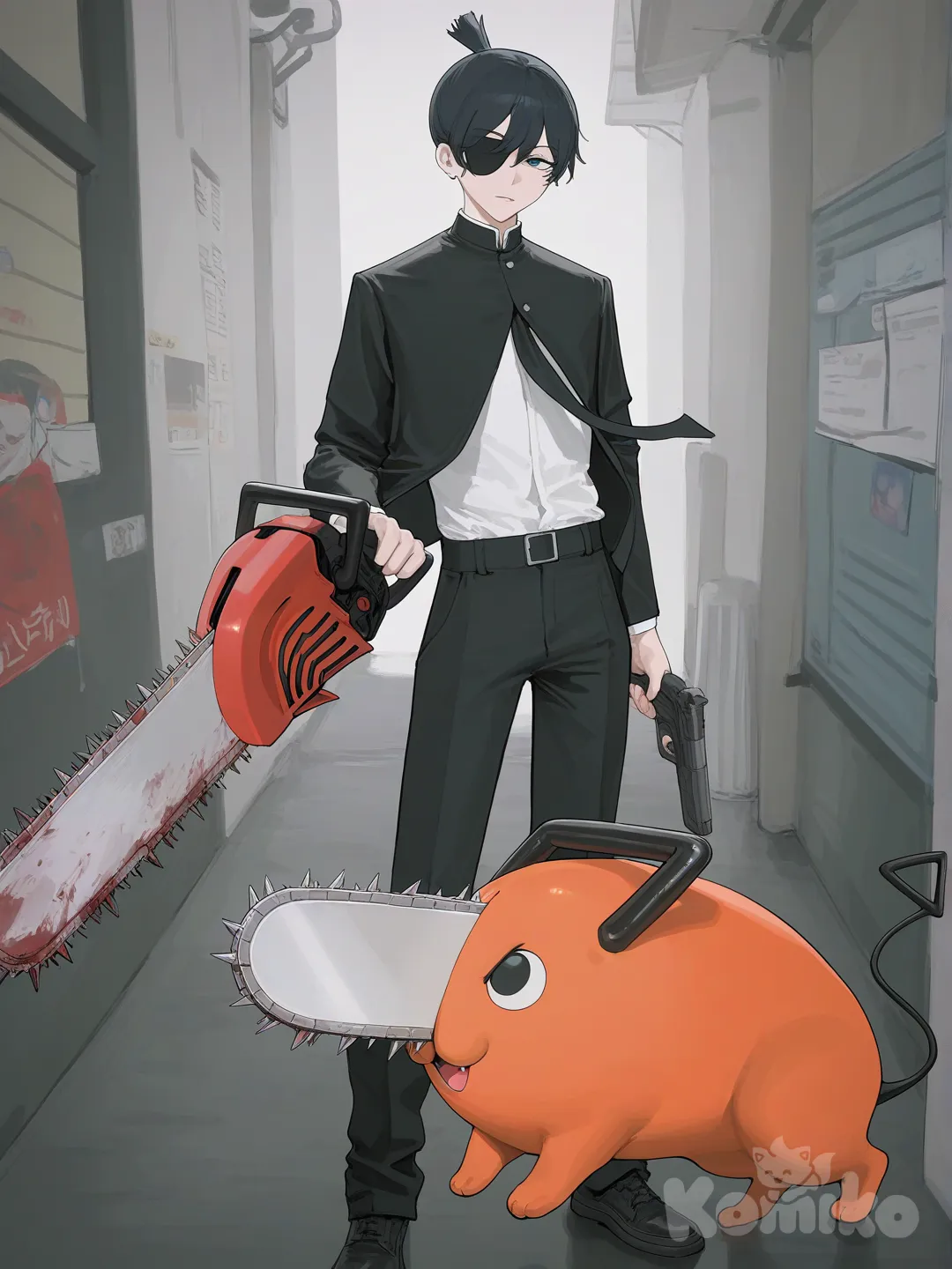 @Denji_(Chainsaw_Man), @Hayakawa_Aki, @Himeno_(Chainsaw_Man), @Pochita_(Chainsaw_Man), @Angel_Devil_(Chainsaw_Man), [vibrant-anime-style], holding gun, holding sword, cowboy shot, full body