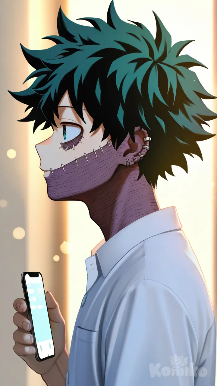 @Midoriya_Izuku, @Dabi_(Boku_No_Hero_Academia), looking at phone, school uniform, depth of field, side profile photo