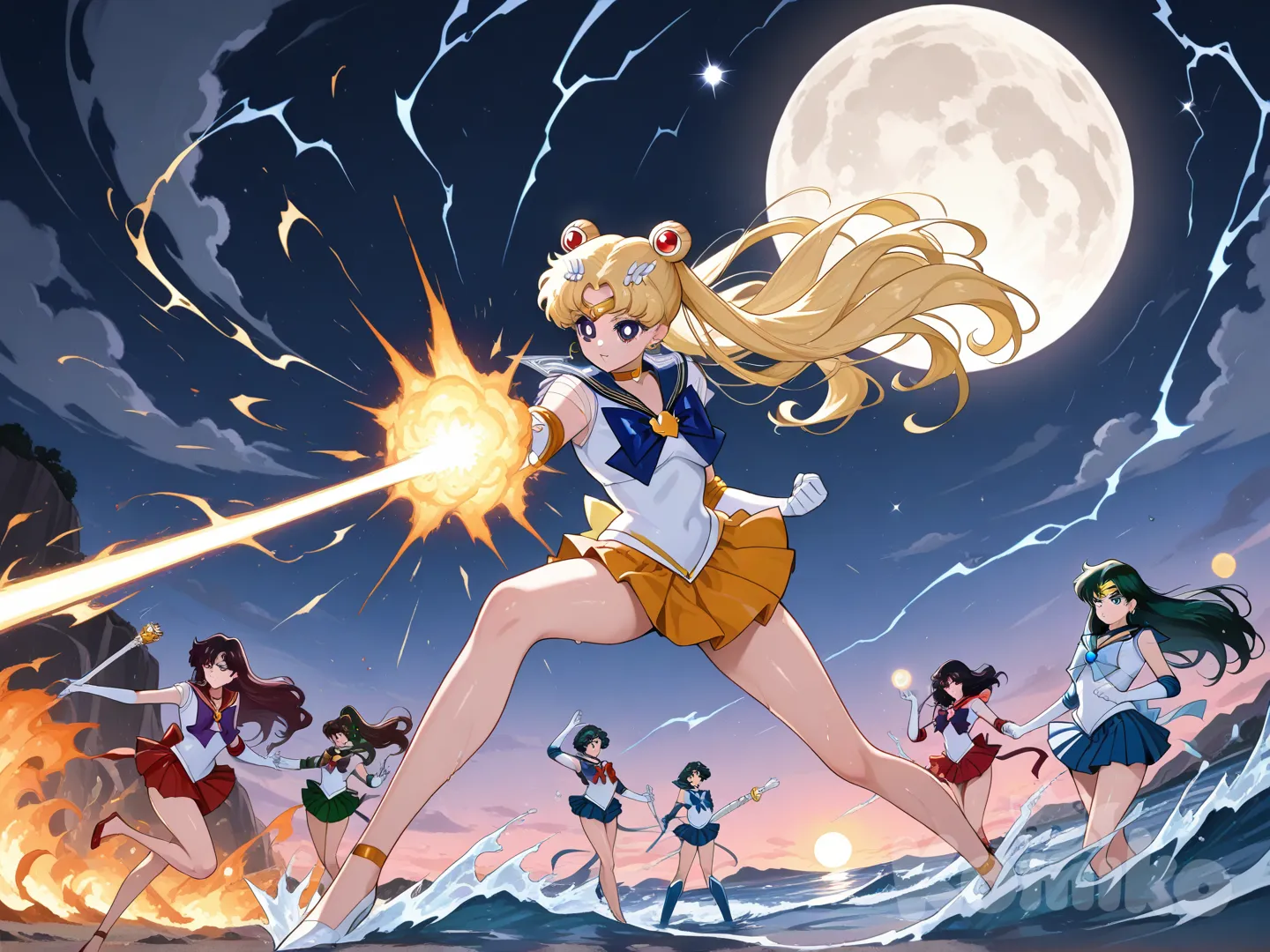 super sailor moon, egypt , sailor venus, sailor mercury, sailor mars, sailor jupiter,full moon, moon, flower, sun, water attack, fire attack, thunder attack, love attack, bishoujo senshi sailor moon, moon twlight attack, 5 girl