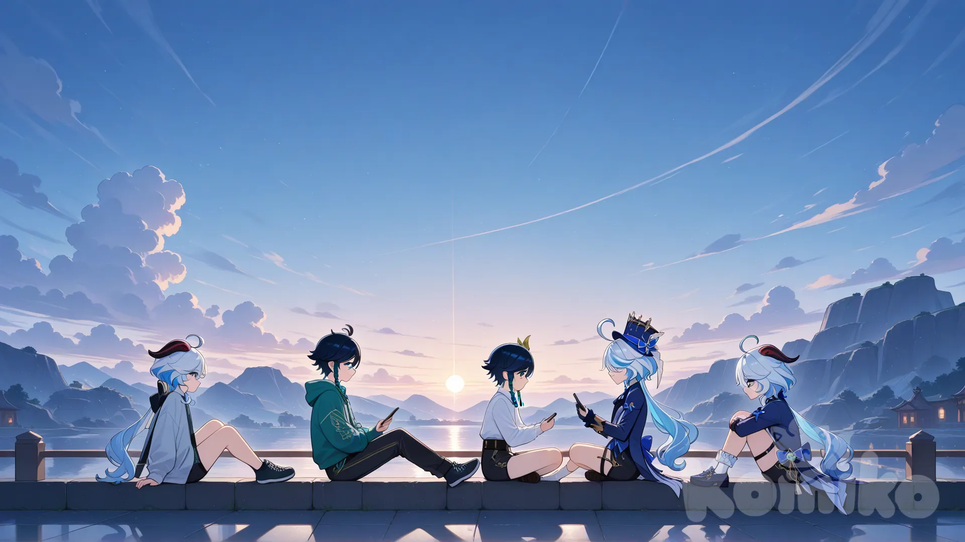 @Ganyu_(Genshin_Impact), @Furina_(Genshin_Impact), @Venti_(Genshin_Impact), hands in pockets, looking at phone, sitting on the ground, panoramic lens, side profile photo