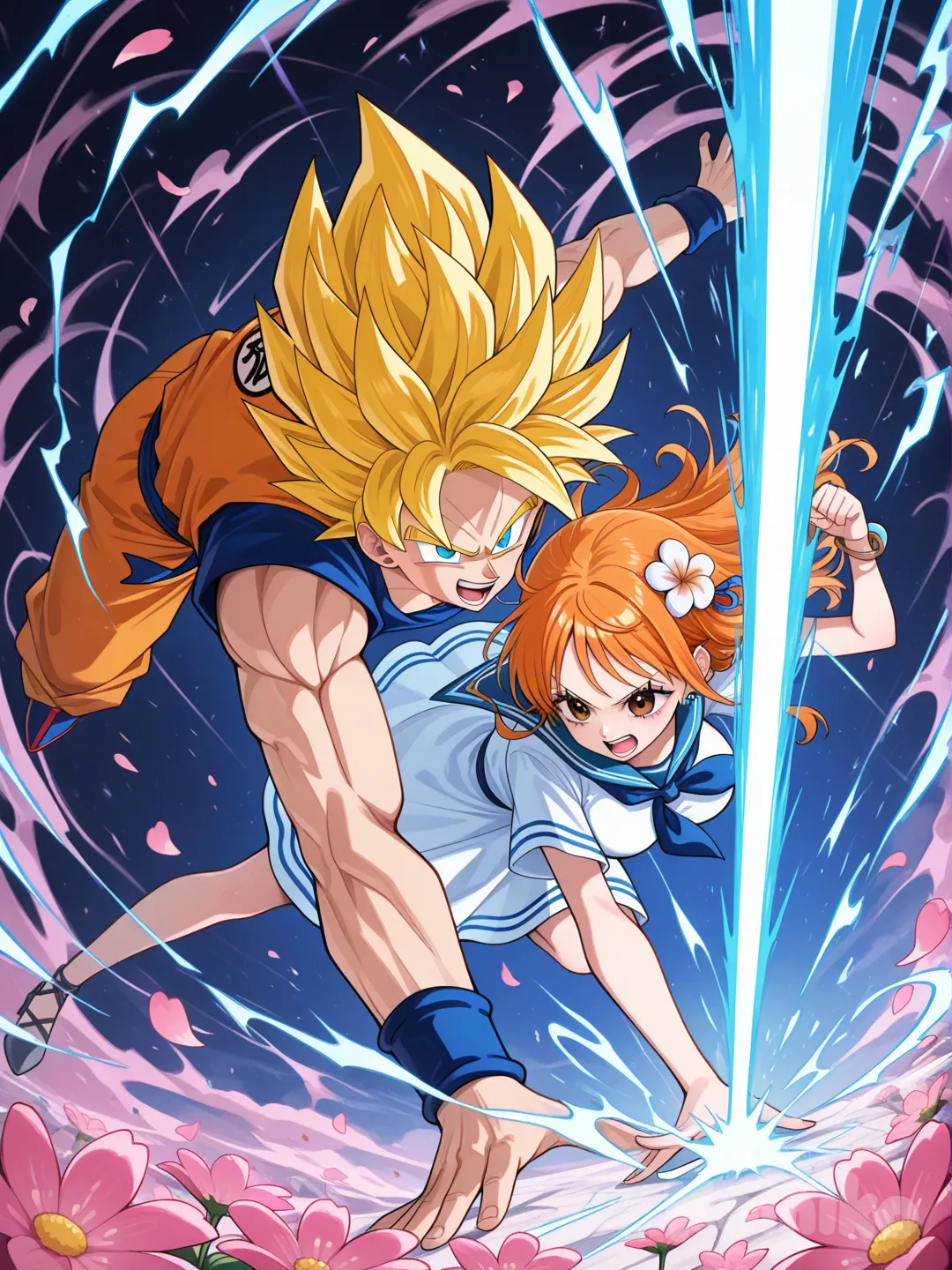 one piece, nami (one piece), sailor dress, attack, flower, solar, energy beam, fighting, son goku, super saiyan god blue, galaxy angel