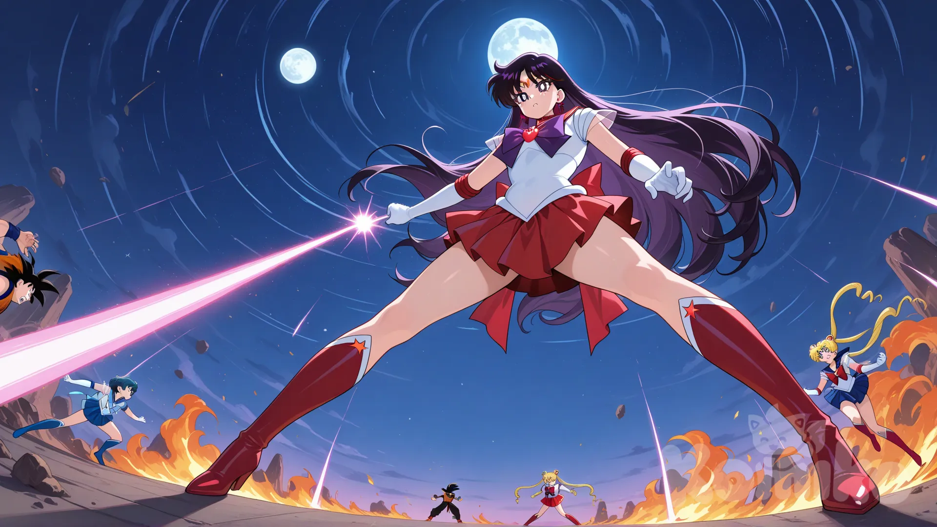 bishoujo senshi sailor moon stars, tsukino usagi, eternal sailor moon, eternal tiare rod, moon light beam, hino rei, eternal sailor mars, mizuno ami, eternal sailor mercury, water beam, fire tornado, battle, son goku, super saiyan, goku lose and confuse, moon, energy beam, full body, medium long shot, from below