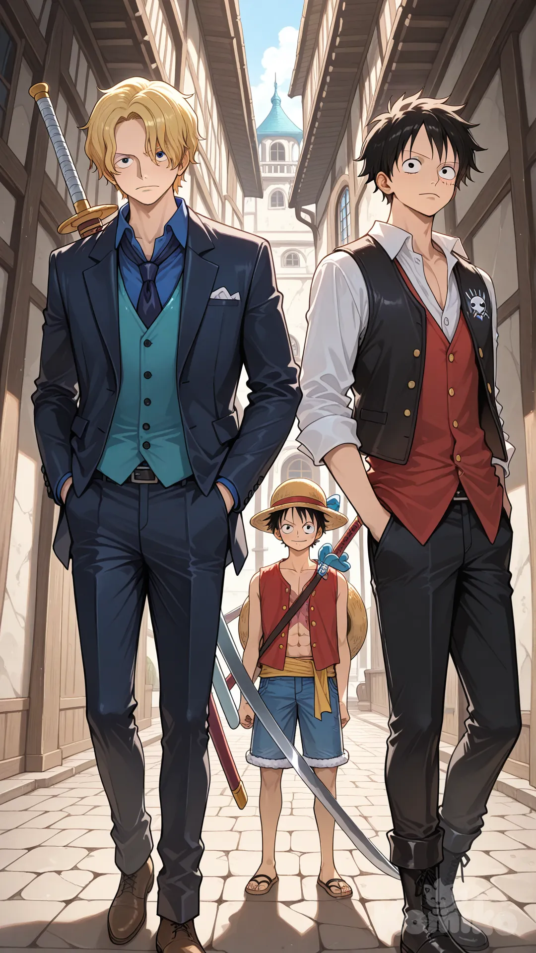 @Sabo_(One_Piece), @Monkey_D._Luffy, holding sword, hands in pockets, vest, looking at viewer