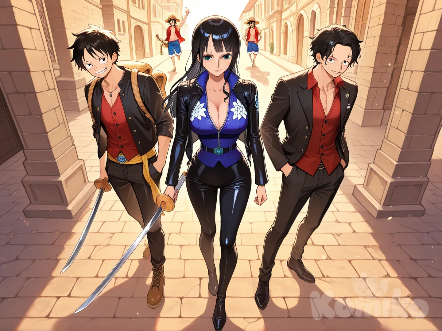 @Sabo_(One_Piece), @Monkey_D._Luffy, holding sword, hands in pockets, vest, looking at viewer, @Nico_Robin
