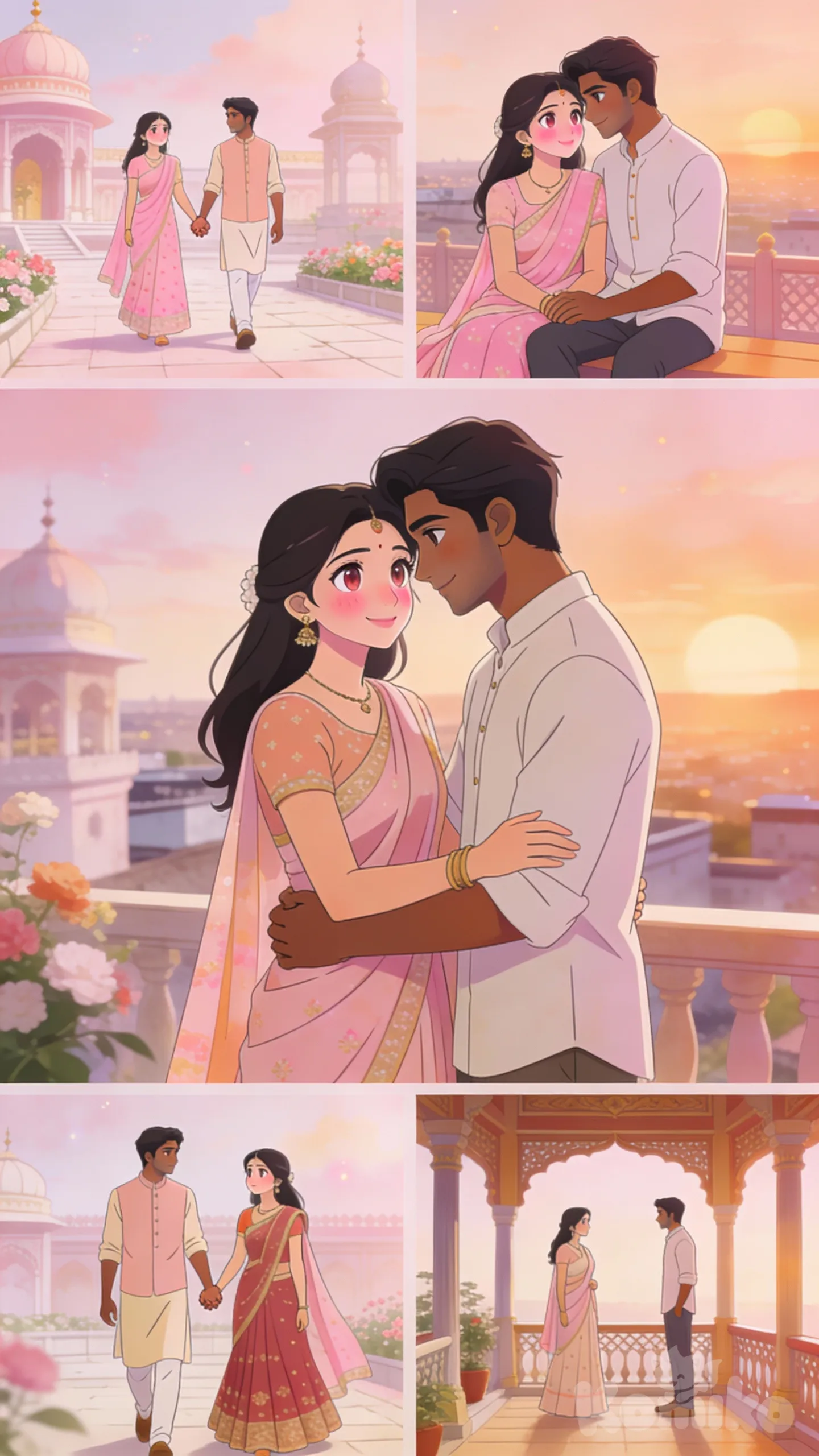 soft pastel anime illustration of a young Indian couple (boy & girl, age 20–25, clearly young adults),
gentle romantic expressions, soft blush on cheeks, big expressive anime eyes,
slim youthful anime proportions, clean delicate lineart,

AUTO-RANDOM every generation:
different romantic poses (holding hands, walking together, sitting close, forehead touch, shy smile, gentle hug),
different camera angles (anime wide shot, medium couple shot, side profile),
different locations (pastel temple courtyard, flower garden, rooftop sunset, palace balcony, traditional veranda),
different outfits (pastel anime saree, kurti, lehenga, dupatta, kurta pajama, soft ethnic casual wear),

soft diffused pastel lighting, warm pink & peach tones,
dreamy calm romantic mood,
soft pastel anime background, gentle bokeh, smooth depth of field,
Komiko app soft pastel anime aesthetic,
anime illustration, cinematic composition

AFTER:
no child, no kids, no baby, no chibi, no toddler,
no realistic photo, no photorealism,
no extra fingers, no extra hands, no distorted face,
no dark horror mood, no aggressive expression,
no text, no watermark, no logo, no frame, [soft-pastel-style]