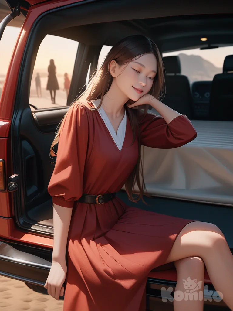 girl(teenage girl, long brown hair flowing in a breeze, stylish clothes; red dress and black combat boots) sitting joyfully in the trunk of a red jeep, legs crossed, (sunset(pink, orange, gold, the works) in the background). realistic/dramatic style. make the girl beautiful and elegant and thoughtful and joyful.